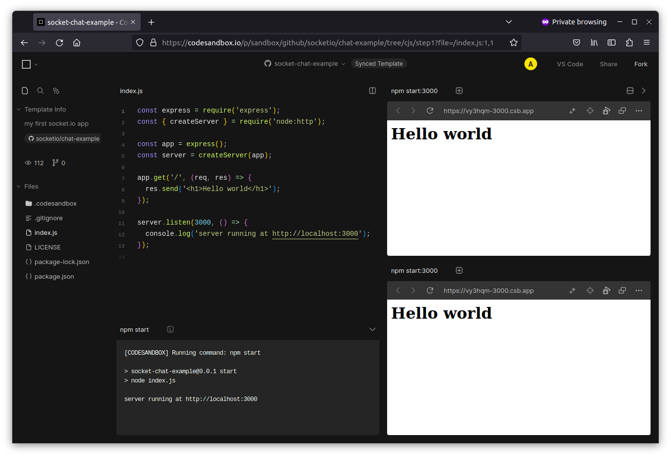 Captura de pantalla de la plataforma CodeSandbox